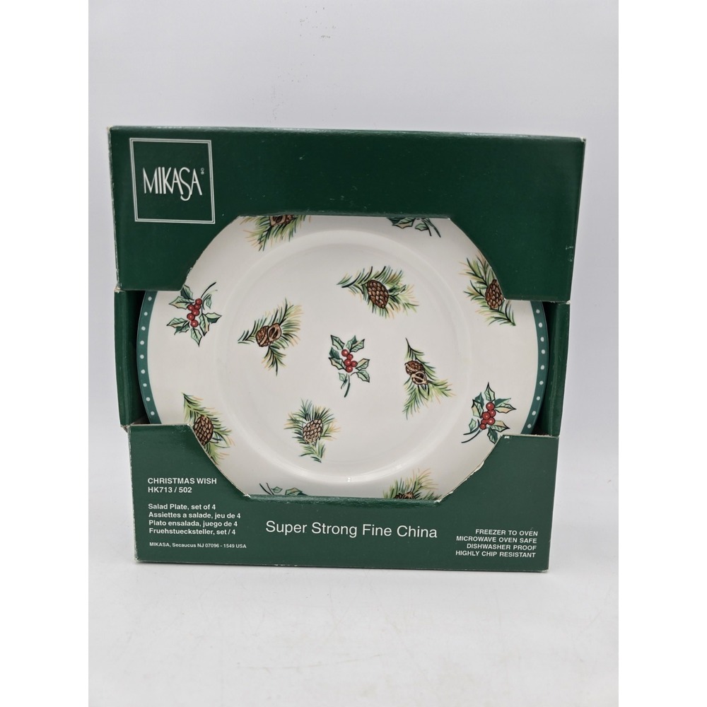 (4) Mikasa Christmas Wish salad Plates HK713 Super Strong Fine China holly pine